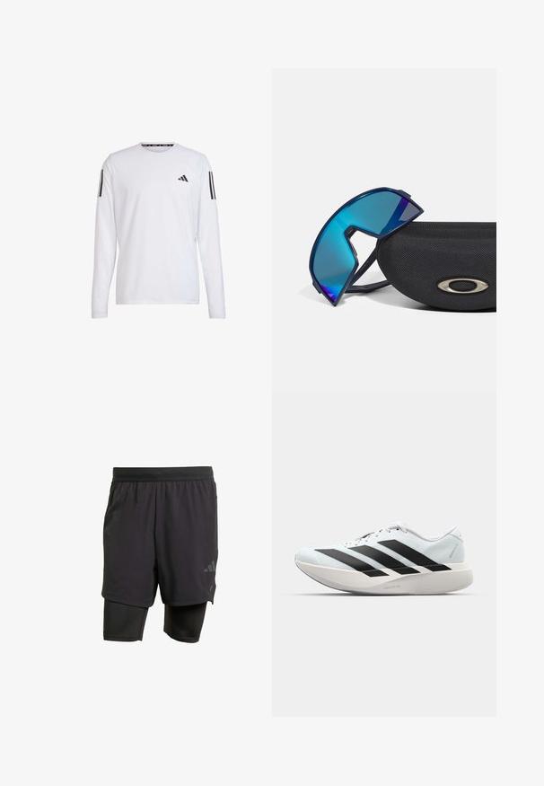 adidas Performance Longsleeve - white; Zwarte sportshorts met geïntegreerde binnenlaag, gemaakt van ademend materiaal. Bevat een subtiele logo en gestructureerde textuur. Verstelbare tailleband.; Lichte hardloopschoenen in lichtblauw met zwarte strepen. Beschikt over een soepele bovenkant, ronde neusstuk en dikke witte tussenzool met het label "LIGHTSTRIKE PRO."; Blauw getinte wraparound zonnebril met een sportief ontwerp, rustend op een gestructureerde zwarte hoes met een metallic logo accent.