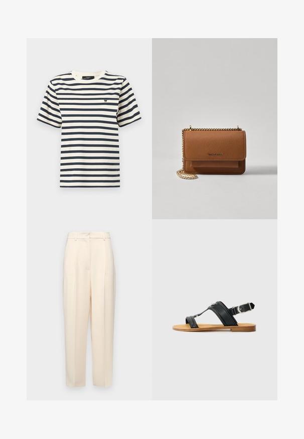 Bawełniana koszulka z poziomymi paskami w kolorze granatowym i kremowym, okrągłym dekoltem, krótkimi rękawami oraz małym czarnym logo na piersi.; Beżowe spodnie o kroju prostym, z fałdami z przodu, gładką teksturą i średnim stanem. Brak widocznych kieszeni.; Czarne skórzane sandały z regulowanym zapięciem, płaską, brązową podeszwą oraz dwoma szerokimi paskami krzyżującymi się na stopie, minimalistyczny design.; Brązowa skórzana torba na ramię z teksturą, z złotym łańcuszkiem i zapięciem na klapkę. Z przodu znajduje się detal z logo oraz kieszeń pod klapką.