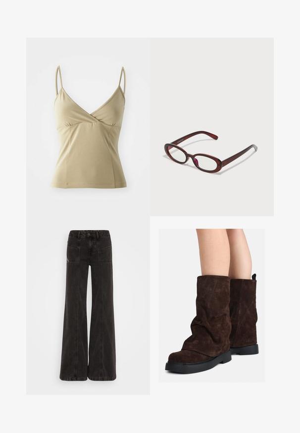 Débardeur beige avec bretelles spaghetti réglables, décolleté en V, détail froncé à l'avant et texture lisse. Silhouette ajustée et ourlet droit.; Jeans noirs à jambe large en denim, avec une taille haute, des poches avant et des coutures ton sur ton le long des coutures.; Bottes en suède marron mi-mollet avec des semelles en caoutchouc noires portées sur des jambes nues, présentant de légers plis sur les tiges des bottes.; Des lunettes de soleil rouges en forme ovale avec des verres transparents et une monture brune élégante. Le design présente des courbes subtiles et un matériel minimal.