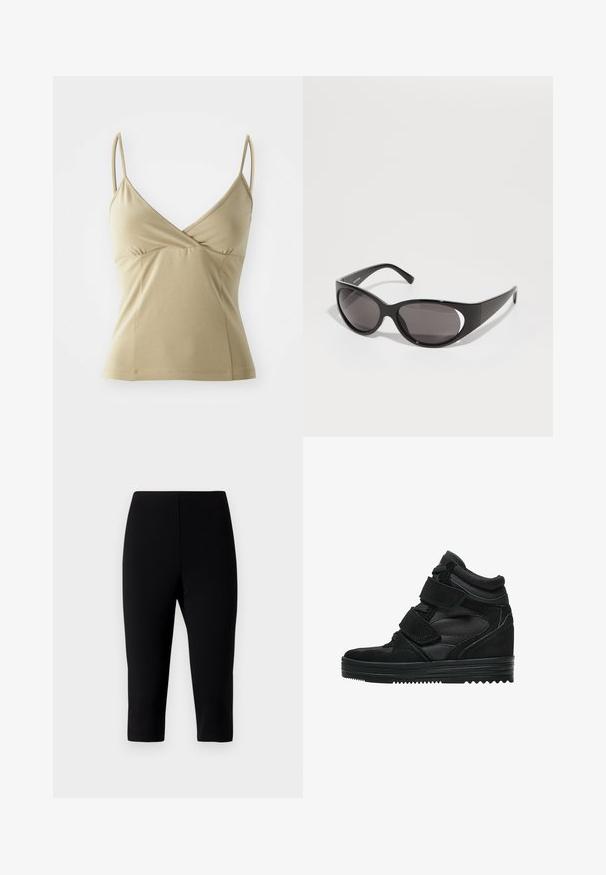 Beige ujjatlan felső állítható spagetti pántokkal, V-nyakkal, ráncolt elülső résszel és sima tapintással. Testhez simuló sziluett és egyenes szegés.; Fekete capri nadrág rugalmas anyagból, testhezálló fazonnal, amely éppen térd alatt végződik, sima textúrával és látható varratok nélkül.; Fekete magas szárú sportcipők, amelyek velúr és hálós anyagból készültek, tépőzáras pántokkal, sima felülettel és texturált gumitalppal a tapadás érdekében.; Fekete napszemüveg ovalis lencsékkel és letisztult dizájnnal. A keretek fényesek és szélesek, oldalán kivágott részlettel.; Fekete bőrtáska fonott füllel, cipzáras zsebbel és lógó bojtokkal. Texturált felület fém szegecsekkel és hardver díszítésekkel.