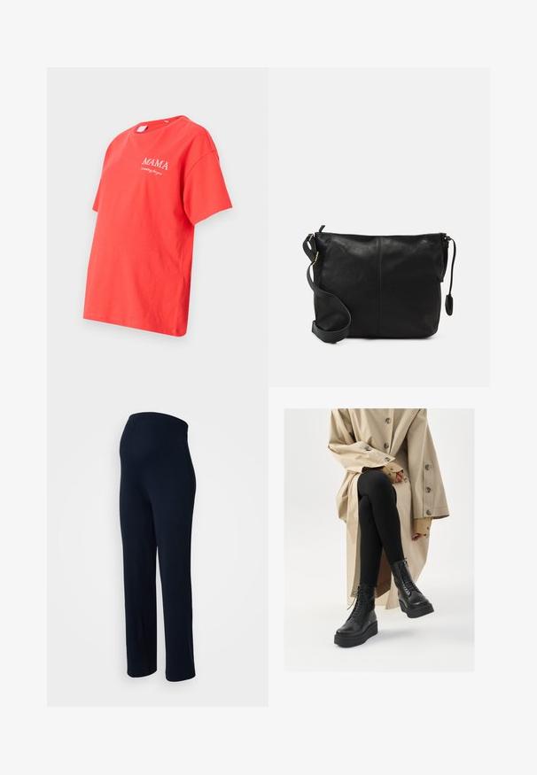 Rød bomull t-skjorte med korte ermer, med hvit brodert tekst "MAMA venter på deg" på fronten, avslappet passform.; Mørkeblå stretchbukser med en glat overflade, elastisk talje og lige bendesign, uden synlige metaldele eller mønstre.; Sorte skinn ankelsko med snøring, hevet platåsåle og teksturerte svarte leggings, båret med en lys beige trenchcoat.; Svart skinn crossover-veske med flat form, gullfarge detaljer og justerbar stropp. Glatt tekstur med minimale sømmer.