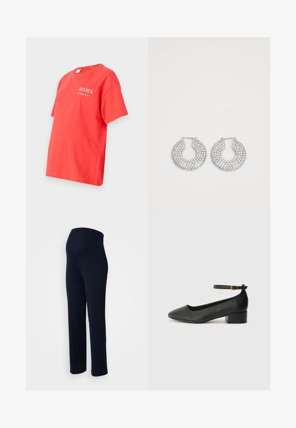 T-shirt vermelha de algodão com mangas curtas, apresentando texto bordado em branco "MAMA está à tua espera" na parte frontal, ajustado de forma descontraída.; Calças elásticas de cor azul marinho com uma textura suave, cintura elástica e design de perna reta, apresentando nenhum hardware ou padrões visíveis.; Sandal de pele preta com bico pontiagudo e um salto bloco baixo. Apresenta uma tira no tornozelo com uma fivela em tom dourado. Textura suave.; Brincos de argola em prata adornados com múltiplos cristais transparentes, apresentando uma superfície texturizada e um design circular aberto.