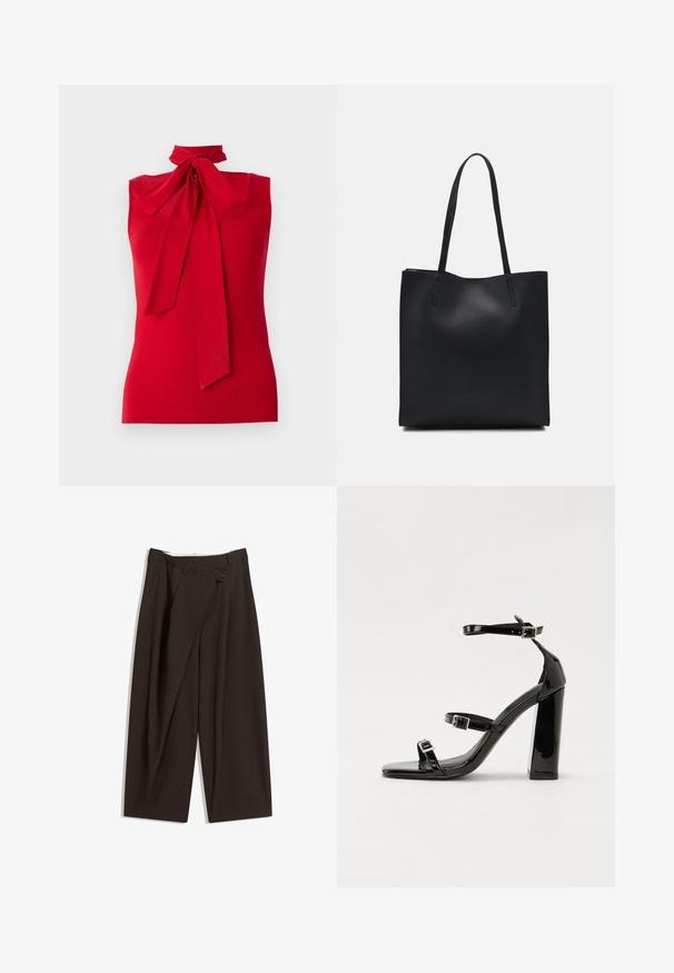 Rdeča brezrokavna majica z visokim ovratnikom in detajlom mašnastega traku. Gladka tkanina s prilegajočim krojem, brez vzorcev ali vidne opreme.; Temno rjave široke hlače z visokim pasom, ki imajo en gumb za zapiranje in zamaščen sprednji del. Narejene so iz lahkega blaga.; Črne lakirane sandale s peto, kvadratnim prstom, trakovi okrog gležnja in srebrnimi zaponkami. Opremljene so s stabilno Debelo peto.; Črna usnjena torba s svilnato teksturo, pravokotne oblike in dvema dolgima ročajema. Brez vidnih metalnih delov ali okrasnih elementov.