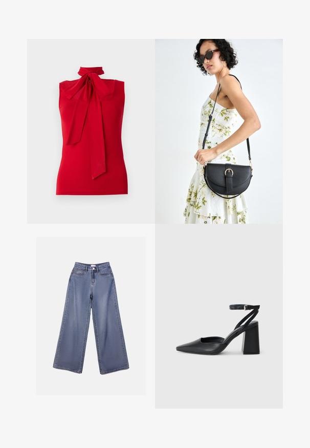 Sarkans bez piedurknēm ar augstu kaklu un mezglu detaļām. Gluda auduma, piegulošs dizains, bez rakstiem vai redzamām detaļām.; Platas kājas denima bikses gaiši zils mazgājumā, ar augstu jostasvietu, priekšējām kabatām un pogu aizdari ar jostas cilpiņām.; Melna ādas augstpapēžu kurpe ar norakstīto purngala formu, potītes siksniņu un masīlu papēdi. Gluda tekstūra, elegants dizains un minimālisma estētika.; Melnas ādas rokassoma ar izliekta formu, noņemamu siksnu un zelta aksesuāriem. Somai ir vāciņš ar sprādzes detaļu.; Sudraba divu joslu gredzens ar gludu, pulētu virsmu. Iezīmējas ar plūstošu, izliekta dizaina struktūru ar pārklājošām sekcijām modernam izskatam.