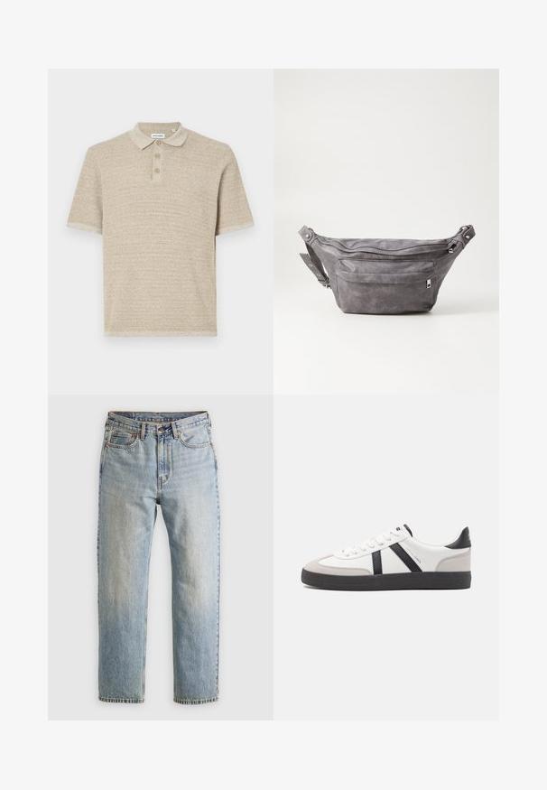 Polo shirt beige, manches courtes, en tissu tricoté texturé, patte de boutonnage à trois boutons, col classique, motif subtil, coupe décontractée.; Jean en denim bleu clair à taille haute, avec bouton avant, fermeture éclair et design à cinq poches, posé à plat sur un fond neutre.; Baskets blanches avec des accents noirs et gris, présentant un embout texturé gris, une semelle en caoutchouc noir et des lacets plats blancs. Design épuré, style minimaliste.; Sac banane en suède gris avec une forme arrondie, deux compartiments zippés et une sangle réglable. Comprend des accents en métal.