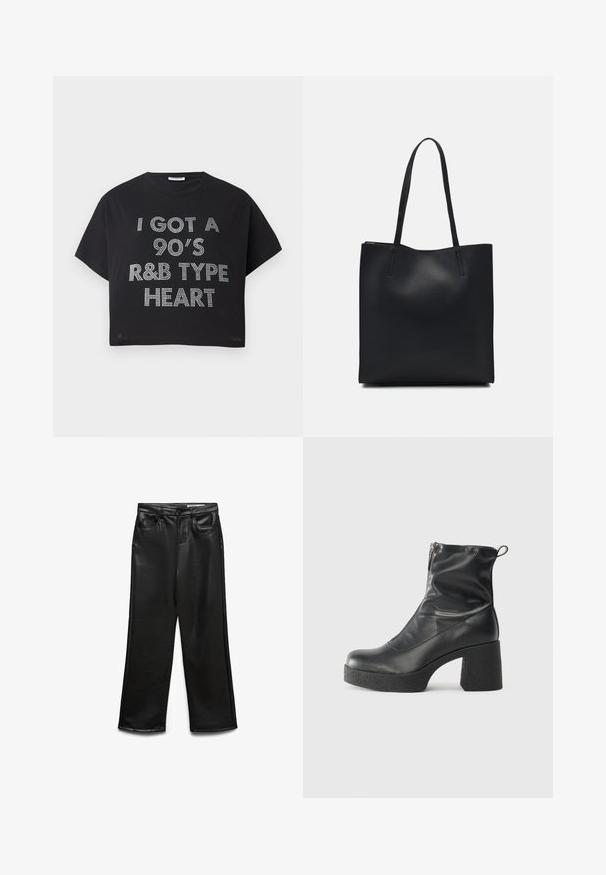 Černé zkrácené tričko vyrobené z bavlny, s textem z kamínků, který zní: "MÁM SRDCE VE STYLU R&B Z 90. LET." Krátké rukávy a kulatý výstřih.; Černé široké kalhoty z umělé kůže s předními kapsami, poutky na pásek a jemným leskem. Hladká textura a střih na míru.; Černé kotníkové boty vyrobené z hladké kůže, s bočním zipem, robustním strukturovaným podpatkem a kulatou špičkou.; Černá kožená taška přes rameno s hladkým povrchem, obdélníkovým tvarem a dvěma dlouhými uchy. Žádné viditelné kování ani ozdoby.