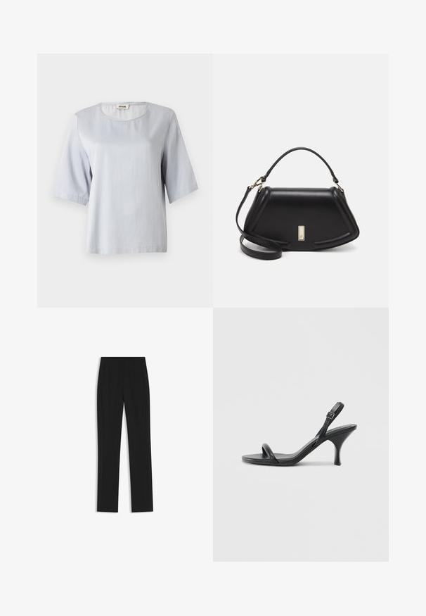 Top grigio chiaro a maniche corte con scollo rotondo, realizzato in tessuto morbido. Design semplice con vestibilità comoda, caratterizzato da bordi puliti e senza decorazioni.; Pantaloni neri su misura con un design a gamba dritta, dotati di tasche frontali e un tessuto liscio e strutturato. Dettagli ordinati e minimalisti.; Sandali con tacco alto in pelle nera, con tacco sottile e curvo e design a fascia incrociata. Cinghia alla caviglia regolabile. Texture liscia.; Borsa a mano in pelle nera con un design strutturato, caratterizzata da una forma corta, manico superiore e accessori in metallo dorato. Inclusa tracolla regolabile.