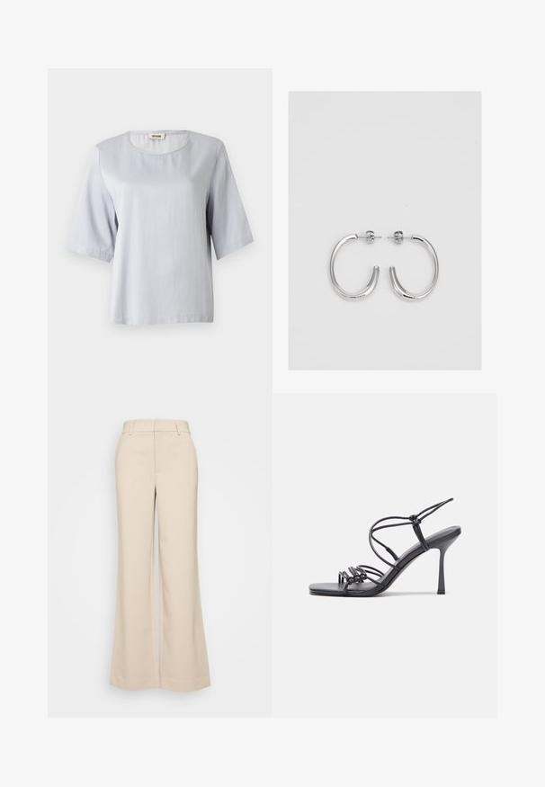 Lys grå kortærmet top med rund halsudskæring, lavet af blødt stof. Enkel design med en løs pasform, featuring rene kanter og ingen udsmykninger.; Beige vidde bukser med en glat overflade, der har en høj talje og to forlommer. Renset design med en skræddersyet pasform.; Sorte højhælede sandaler med tynde stropper og en knyttet design, en glat firkantet tå og en slank stiletto hæl.; Sølv hoop øreringe med en glat, skinnende overflade. Rundet form, letvægtsdesign med post-back lukning.