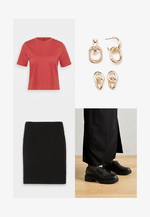 T-shirt curta cor-de-coral, feita de algodão, com um decote redondo e três botões dourados no ombro esquerdo. Textura suave.; Saia lápis preta até ao joelho com uma bainha reta e detalhes de costura subtil na cintura, contra um fundo branco.; Sapatos de couro pretos com bico arredondado, sola de borracha espessa e atacadores. O design apresenta costura decorativa ao longo da parte superior.; Brincos em tom de ouro com uma mistura de formas geométricas: um quadrado, um círculo e desenhos ovais ligados, todos com um acabamento polido.