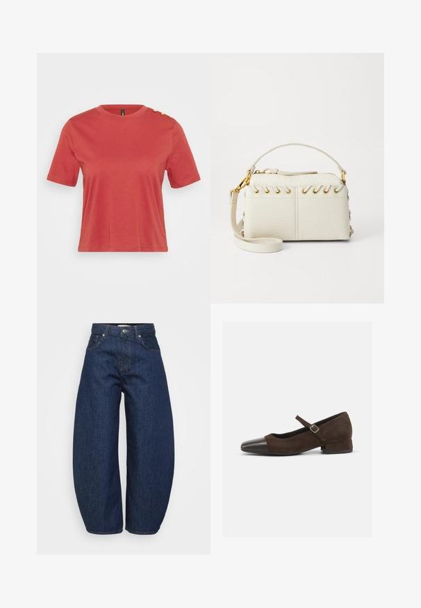 T-shirt corail à manches courtes en coton, avec un col rond et trois boutons dorés à l'épaule gauche. Texture lisse.; Jean en denim bleu foncé avec une coupe large et décontractée. Comprend une braguette zippée, quatre poches et des coutures contrastantes le long des coutures.; Chaussure Mary Jane en daim marron avec un embout en cuir verni noir, bride ajustable et un petit talon carré. Texture lisse avec de minimalistes accents.; Sac à main en simili cuir blanc avec une fermeture éclair sur le dessus, une courte poignée et une bandoulière amovible avec des détails en métal doré. Détail de laçage sur le côté.; Boucle d'oreille en argent avec une finition polie, présentant de petits détails en or et de forme ronde, portée sur le lobe.