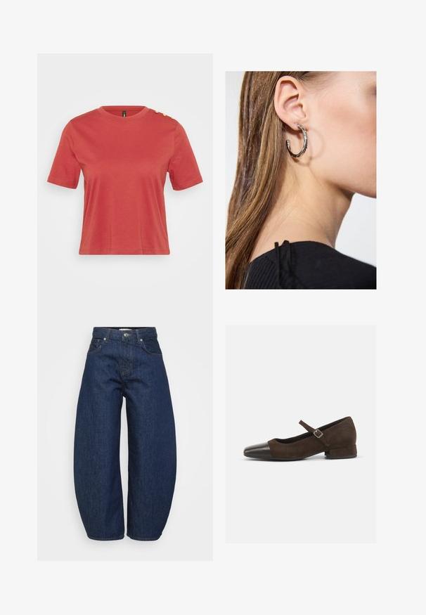 Korall kortärmad t-shirt i bomull, med rund halsringning och tre guldknappar på vänster axel. Slen känsla.; Mörkblå jeans i denim med en vid, avslappnad passform. Har dragkedja, fyra fickor och kontrasterande sömmar längs sömmarna.; Brun mockaskinn Mary Jane-sko med en tåhätta i svart lackläder, justerbart band och en låg blockklack. Slät yta med minimala detaljer.; Silverörhänge med polerad yta, med små detaljer i guld och rund form, bärs på loben.
