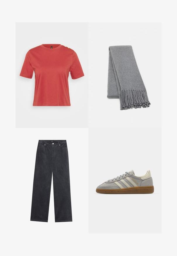 Koraliniai trumpomis rankovėmis marškiniai, pagaminti iš medvilnės, su apvaliu kaklu ir trimis auksinėmis mygtukais kairiajame petyje. Lygus paviršius.; Plati kojinės tamsiai pilkoje šukuoto veliūro medžiagoje, su mygtukų uždarymu, keturiomis kišenėmis ir minkšta tekstūra.; Pilki zomšiniai sportbačiai su šviesiai pilkomis odinėmis juostelėmis ir guminiu padu. Ypatybės: raištelių uždarymas ir subtilus prekės ženklo logotipas ant liežuvėlio.; Pilkas vilnonis šalikas su minkšta tekstūra, turintis kutais apipintas kraštus ir paprastą dizainą. Gražiai sulenkta, pabrėžiant jo pailgą formą.