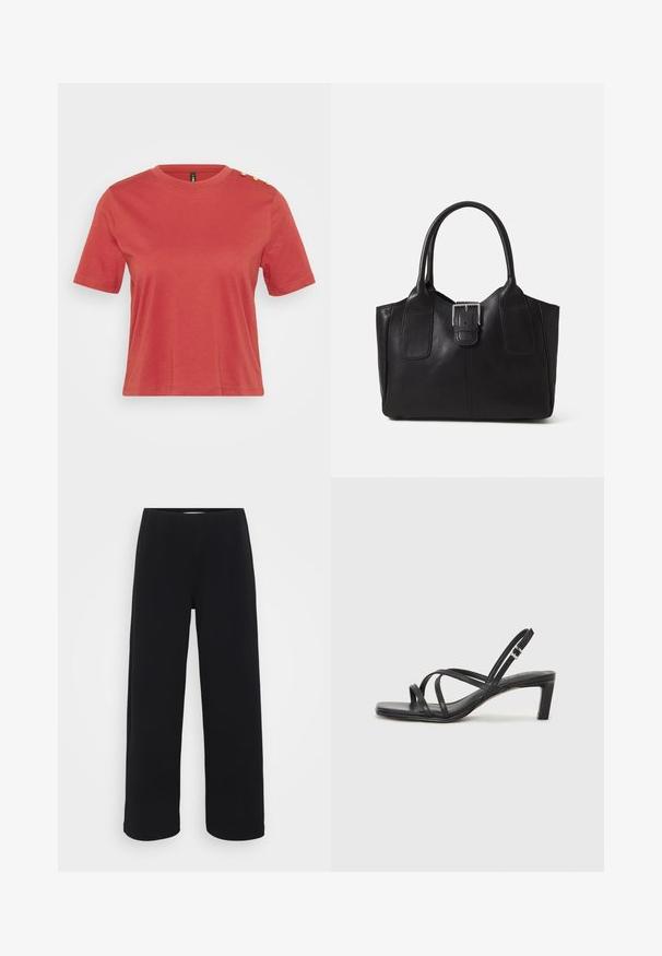 Koraalrood t-shirt met korte mouwen, gemaakt van katoen, met een ronde hals en drie gouden knopen op de linkerschouder. Soepele textuur.; Zwarte wijde broek met een elastische tailleband. Gemaakt van een gestructureerd materiaal, met een losse pasvorm en rechte snit van heup tot zoom.; Zwarte sandaal met bandjes, vierkante teen en een lage blokhak. Voorzien van meerdere dunne bandjes en een verstelbare enkelband. Gemaakt van zacht leer.; Zwarte leren tote bag met een gladde textuur, gestructureerde vorm, twee handvatten en een opvallend zilveren sluitingdetail aan de voorkant.