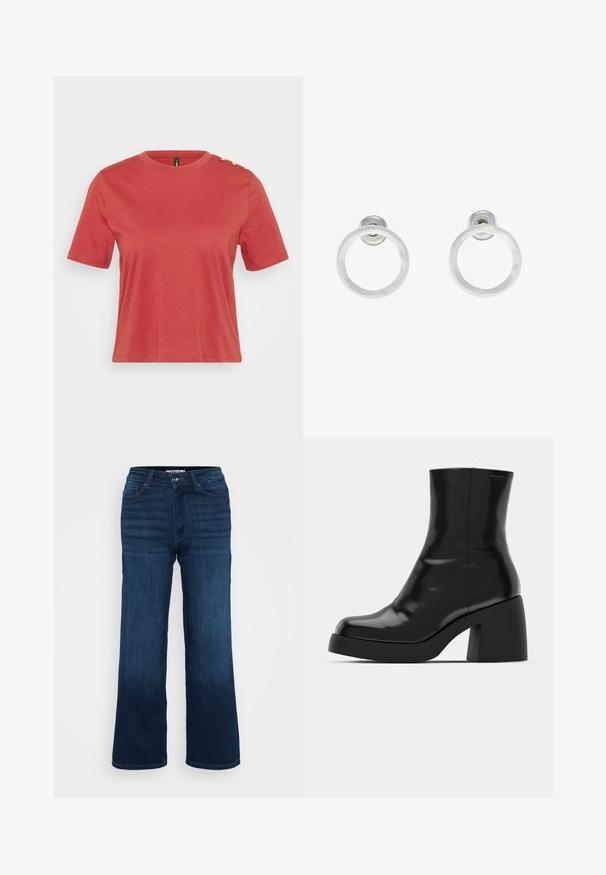 Koral kortærmet t-shirt lavet af bomuld, med rund hals og tre guldknapper på venstre skulder. Glat tekstur.; ONLY Petite ONLMADISON BLUSH WIDE - Wide leg - dark blue denim; Sorte ankelstøvler med en blank finish, firkantet tå og en tyk blokhæl. Designet har en strømlinet silhuet og minimal branding.; Sølvmetalløreringe med en børstet tekstur, der har et cirkulært design og en klar post til sikker bæring.