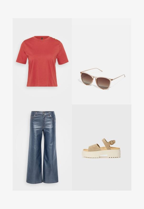 Koralen kratek rokav T-shirt iz bombaža, z okroglim izrezom in tremi zlatimi gumbi na levem rami. Gladka tekstura.; Svetlo modri široki jeans hlače z gladko teksturo, petimi žepi in kontrastnim šivanjem. Sprednje zapiranje na gumb in zadrgo.; Suede sandale v svetli bež barvi z širokim trakom in nastavljivim zaponko okoli gležnja. Masiven bel podplat z teksturiranim profilom za oprijem.; Rjavi gradient sončna očala s prozornim roza okvirjem, kvadratne oblike in tankimi kovinskimi ročaji. Imajo zaobljene robove in minimalne detajle.