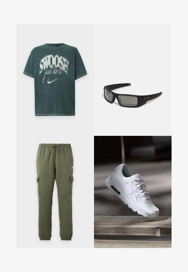 T-shirt oversized em verde-azulado escuro, feito de algodão suave. Apresenta uma grande impressão gráfica com "SWOOSH" e "faça-o" em branco. Design clássico com decote redondo.; Calças cargo verde-azeitona com cintura elástica, fecho por cordão, bolsos laterais e logótipo da marca na coxa. Tecido suave em mistura de algodão.; Sapatilha Nike Air Max 90 branca com parte superior em malha e couro, caixa de dedos perfurada e uma unidade de ar visível no calcanhar.; Óculos de sol pretos com acabamento mate, lentes retangulares, leve curvatura nas hastes, detalhe sutil do logo e lentes de cor fumada.