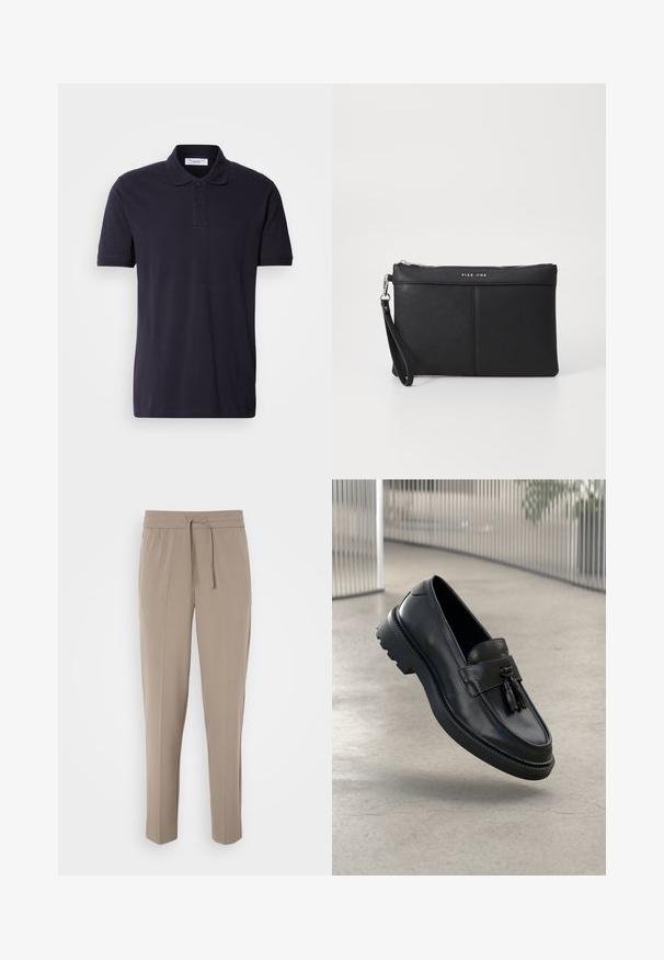 Tamsiai mėlynos polo marškiniai, pagaminti iš medvilnės, su apykakle, trumpomis rankovėmis ir subtiliu logotipu išsiuvinėtu krūtinėje.; Šviesiai beigės kelnės su elastiniu juosmeniu, reguliuojama raišteliu ir siaurėjantys kojomis. Audinys atrodo lygus su švelniu blizgesiu.; Juodi odiniai bateliai be užsegimo su lygiu paviršiumi, dekoratyvine kutu, stora guminė pado danga ir siūtais akcentais. Lengvi ir elegantiško dizaino.; Juodas sintetinis delninukas su užtrauktuku, rankena ir lygia tekstūra. Yra švelni siuvinėta detalė ir logotipas išlygintas priekyje.