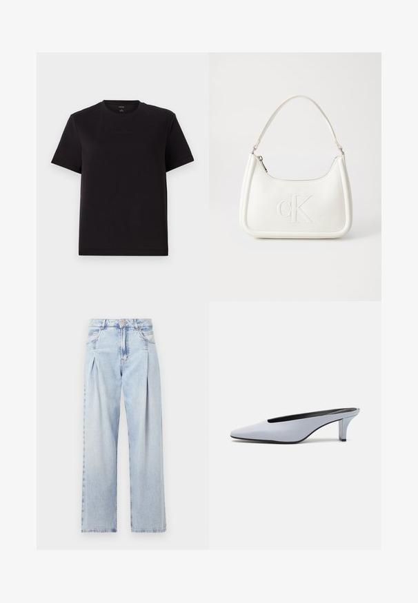 Black cotton T-shirt with short sleeves, crew neckline, and subtle Calvin Klein logo embroidered on the chest. Smooth texture, relaxed fit.; Light blue denim jeans with a high waist, wide-leg cut, two side pockets, and pleated design feature. Soft texture with a faded finish.; Light blue patent leather mule with a pointed toe, low transparent heel, and a sleek design featuring a cut-out at the vamp.; White leather handbag with a curved shape, featuring an embossed "CK" logo on the front and a single shoulder strap. Zipper closure at top.