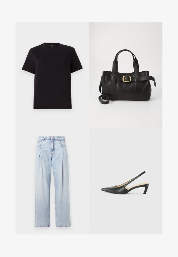 Černé bavlněné tričko s krátkými rukávy, kulatým výstřihem a jemně vyšitým logem Calvin Klein na hrudi. Hladká textura, uvolněný střih.; Světlé modré džíny z denimu s vysokým pasem, širokým střihem, dvěma bočními kapsami a nařaseným designem. Měkká textura s vybledlým povrchem.; Černý špičatý slingback s nízkým podpatkem, vyrobený z hladké kůže, s výřezem na boku pro lepší prodyšnost.; Černá kožená kabelka s upraveným designem, dvojitými vrchními madly, pozlaceným přezkovým akcentem a vyraženým logem značky na přední straně.