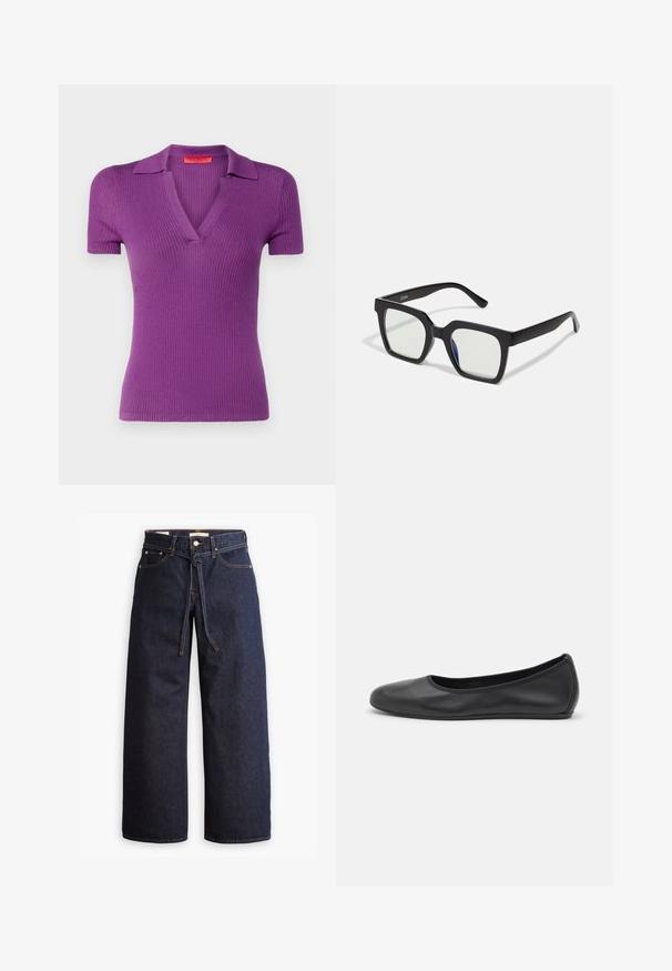 MAX&Co. SIGMA - Poloskjorter - violett; Viddeben mørkeblå denim jeans med høy midje, som har snøring, fem lommer og kontraststing.; Svart skinnballettflatt med rund tå, glatt tekstur, minimal sømdetalj, og et fleksibelt såledesign.; Svarte firkantede solbriller med matt overflate, utstyrt med transparente linser og en lett blå fargetone på den ene siden. Solid, kantete design.