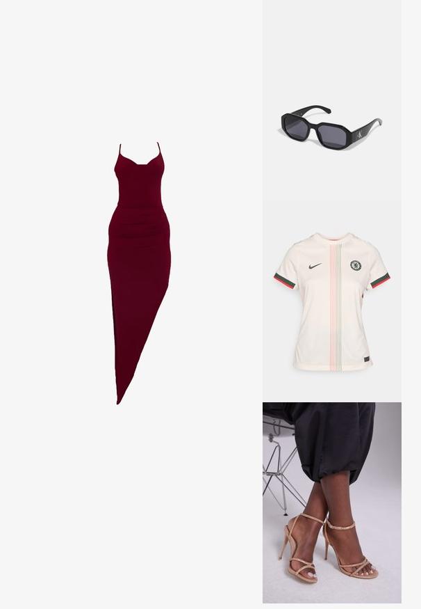 Gaiši krēmkrāsas futbola krekls ar apaļu kakla izgriezumu, īsām piedurknēm, Čelsi FC logo, zaļām un sarkanām akcentu svītrām un vertikāliem raksta elementiem.; Burgundijas pieguļoša kleita ar plānajām lencēm, ar sānu šķēlumu un drapējumu detaļām jostasvietā, izgatavota no elastīga auduma.; Beige augstpapēžu sandales ar kristāla rotājumiem, ar atvērtu purngalu, plāniem siksniņām un elegantu siluetu.; Melni saulesbrilles ar astoņstūra rāmjiem, tumšiem objektīviem, spīdīgu plastmasas materiālu un sudraba logotipu akcentu vienā pusē.; Michaela Korsa rokassomi bez̦ā īšojuma, kas izgatavota no apklāta kanvas, iekļaujot atkārtotu MK logotipa rakstu, zelta aparatūru un noņemamu ķēdes siksnu.; Zelta metāla auskari ar viļņveida dizainu; gluda, atstarojoša virsma; asimetrisks formas; nav redzamu rakstu vai piederumu.