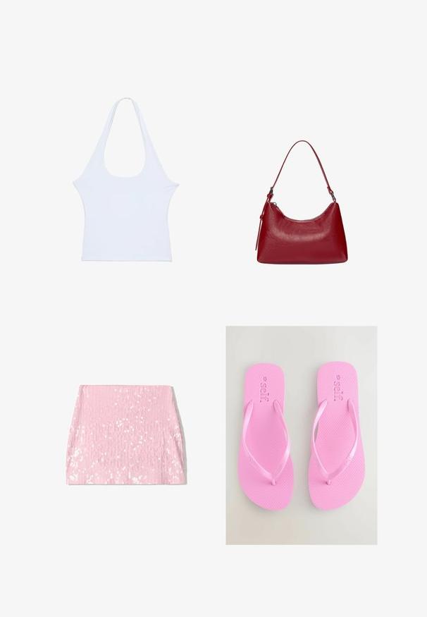 白色无袖上衣,采用柔软材料,宽大圆领设计,整体简约。无显著图案或装饰,平整的纹理。; Pink sequin mini skirt with vertical ribbed texture, featuring a fitted silhouette and shimmering sequins across the surface.; Pink rubber flip-flops with textured footbed and thin, smooth straps. Brand name "self." embossed on the footbed.; Red leather shoulder bag with a curved design, smooth texture, and a zipper closure. It features a thin handle for carrying.