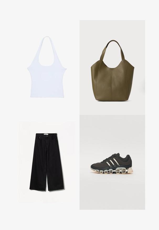 Vit ärmlös topp i mjukt material med en bred rund halsringning och en minimalistisk design. Ingen framträdande mönster eller dekoration, med en jämn struktur.; Bershka WIDE-LEG - Wide leg - black; Svart sportskor med en texturerad överdel, tre silverränder och en distinkt stötdämpande sula med flera integrerade sektioner.; Olivgrön läderaxelväska med dubbla remmar, slät textur och design med fyra paneler. Förstärkt sömnad längs sömmarna för hållbarhet.