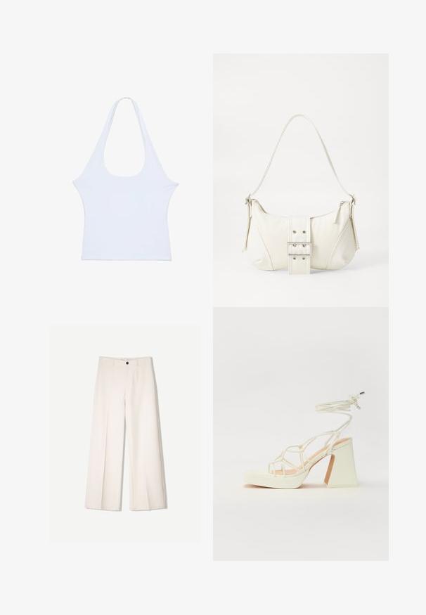 Una canotta bianca senza maniche, realizzata in un materiale morbido, con un ampio scollo rotondo e un design complessivo minimalista. Senza motivi o decorazioni evidenti, presenta una trama liscia.; Pantaloni larghi color crema con design sartoriale, dotati di due tasche frontali e una chiusura con bottone anteriore, realizzati in tessuto liscio.; Sandalo bianco con tacco alto, caratterizzato da un design a cinturini e un legaccio alla caviglia. Texture liscia con una piattaforma frontale per un'altezza aggiuntiva.; Borsa a spalla bianca con una finitura testurizzata, un accentuato fermaglio centrale e una forma curva. Chiusure a cerniera su entrambi i lati.