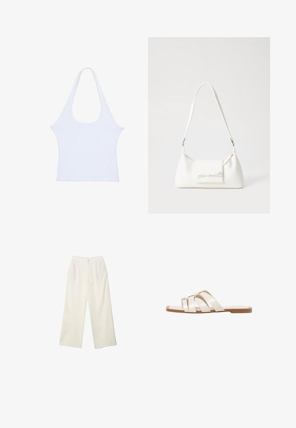 Biela bezrukávová blúzka vyrobená z mäkkého materiálu s voľným okrúhlym výstrihom, celkový dizajn je jednoduchý. Bez výrazných vzorov alebo dekorácií, hladká textúra.; Široké nohavice z krémovej látky s hladkou textúrou, s jedným predným gombíkom, jemnými skladmi a vysokým pásom.; Ploché sandále s hnedou gumovou podrážkou, navrhnuté s tromi prekrývajúcimi sa bielymi koženými popruhmi a malou mašličkou uprostred.; Biela syntetická kabelka s trojuholníkovým tvarom, plochým predným klapkou a detailom mašle, nastaviteľným popruhom, hladkou textúrou a minimalistickým dizajnom.