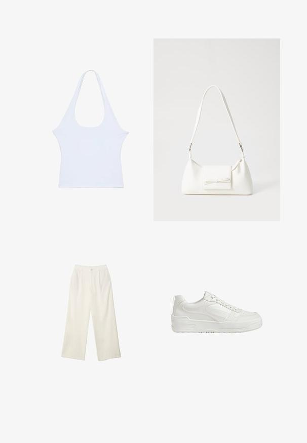 白色无袖上衣,采用柔软材料,宽大圆领设计,整体简约。无显著图案或装饰,平整的纹理。; Wide-leg trousers in cream fabric with a smooth texture, featuring a single front button, subtle pleats, and a high waist design.; White leather sneakers with smooth texture, padded ankle, and perforated toe. Features a slightly elevated rubber sole and lace-up design.; White synthetic handbag with a triangular shape, flat front flap and bow detail, adjustable strap, smooth texture, and minimalistic design.