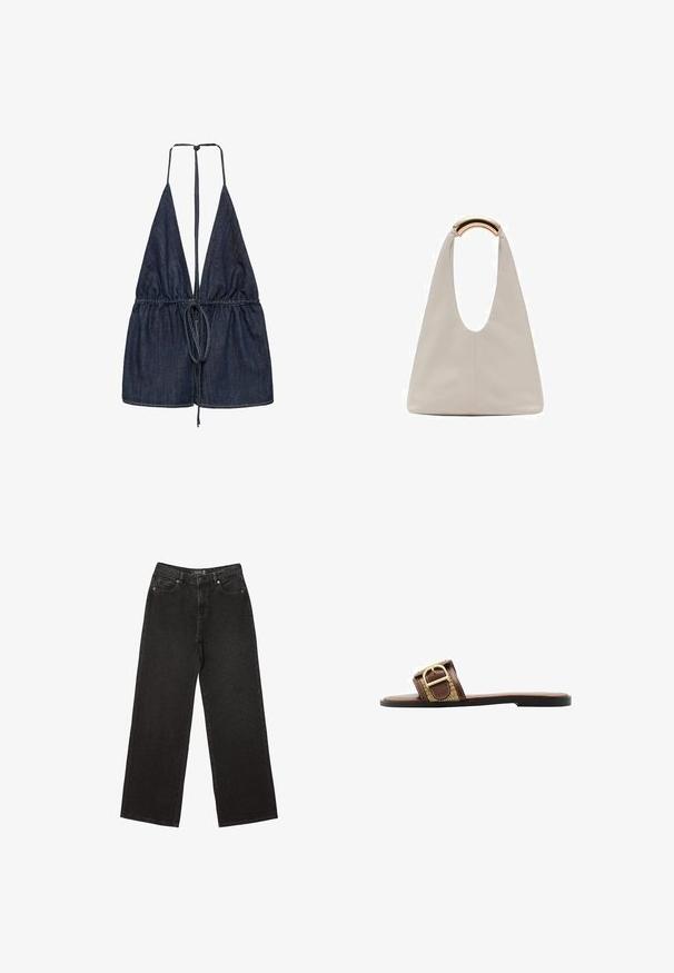 Jeans överdel med en djup V-ringning och justerbara band. Har samlad tyg vid midjan med en insnörd design, i en mörkblå nyans.; Svart vida jeans i denim, med små prickiga mönster, klassisk femfickorsdesign och stängning med knäppning och dragkedja.; Bruna lädersandaler med öppna tår som har ett brett band med en guldfärgad spänneaccent och ett strukturerat mönster, placerade på en platt svart sula.; Ljusgrå läderväska med en U-formad design och ett böjt metallhandtag. Slät textur med minimal sömnad och inga synliga mönster.