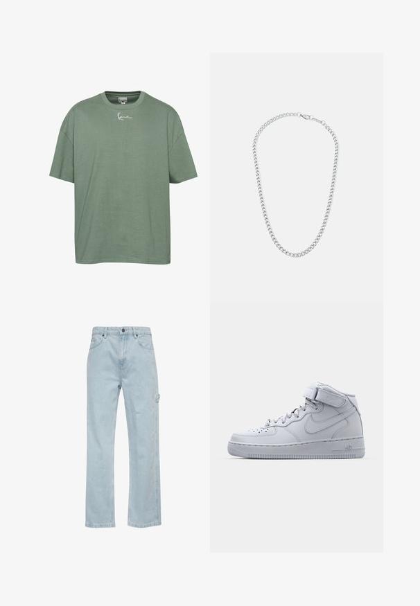 Zaļš kokvilnas T-krekls ar brīvu piegriezumu, ribota apkakle un īsas piedurknes. Ar baltu izšūtu tekstu uz krūšu daļas.; Gai zils džinsu audums ar taisno kāju dizainu, ar priekšējām un aizmugurējām kabatām, kā arī sānu kravas kabatu. Gluda tekstūra, ikdienas stils.; Pelni pelēkās Nike Air Force 1 sneakers ar ādas augšdaļu, mīkstinātu apkakli un Velcro siksniņu. Ikonisks dizains ar perforētu pirksta daļu.; Sudraba metāla ķēdes kaklarota, kas sastāv no savstarpēji savienotām saiknēm un droša sprādzes, ar gludu tekstūru, vienmērīgu apdari un klasisku dizainu.