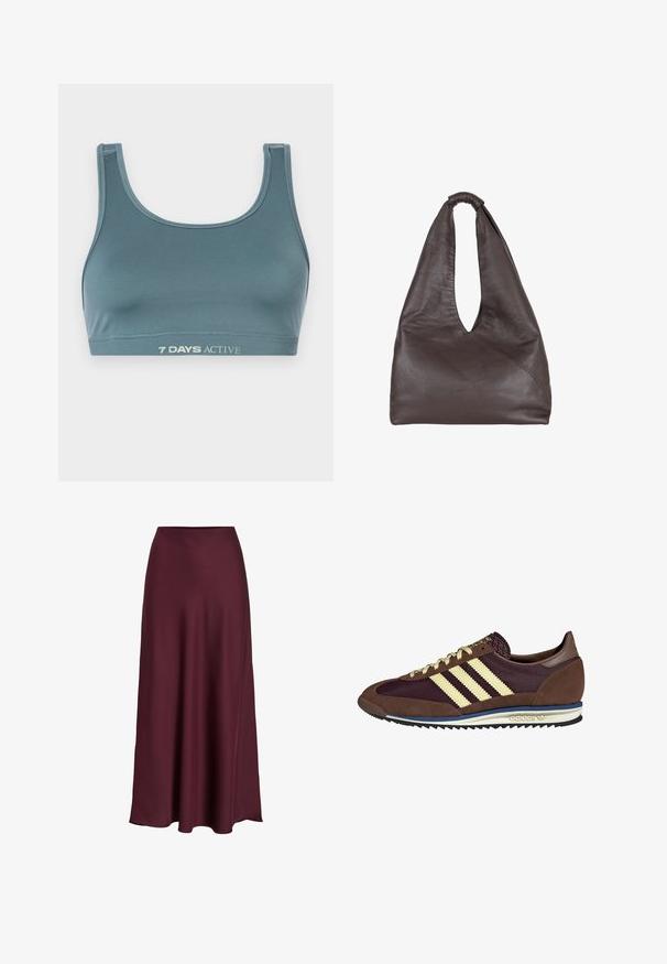 Sostenedor deportivo en verde azulado, fabricado con un tejido suave y elástico. Presenta un escote redondeado y una banda elástica con la impresión "7 DÍAS ACTIVOS" en color claro.; Falda maxi de satén burdeos con una textura suave, cintura alta y una silueta ondulante que se abre suavemente hacia el dobladillo.; Deportivas marrones y burdeos con materiales de ante y malla, con tres franjas crema, tela texturizada en la lengüeta y suela de goma.; Bolso de cuero marrón con un diseño holgado y sobredimensionado. Cuenta con un asa de bucle y una apertura en V profunda para un fácil acceso. Textura suave, estilo minimalista.