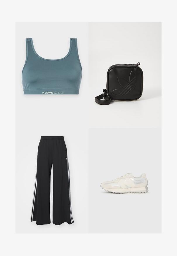 Sport bra in dark teal, made of soft, stretchy fabric. Features a scoop neckline and elastic band with "7 DAYS ACTIVE" printed in light color.; Black wide-leg sweatpants with an elastic waistband, featuring white side stripes and an embroidered logo on the left thigh.; Low-profile cream and silver sneaker with laces and textured sole, viewed from the side against a plain white background.; Black square crossbody bag made of textured synthetic material. Features an embossed logo design and adjustable strap. Zipper closure.