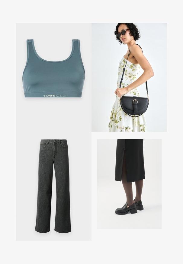 Tume rohelise spordibrasi pehme ja elastse kanga koosseis. Omab ümarat kaelaauk ja elastset bändi, millel on heledates toonides trükis "7 DAYS ACTIVE".; Laial jalgevahega teksad tumedas hallis denimis, millel on peen sablestriibuline tekstuur, kontrastne õmblemine ja viie tasku disain nupuga.; Mustad mustad jalatsid ümmarguse varbaga, paksu plokkniidi ja elastsete külgdetailidega, kombineeritud tumedate sukkade ja musta lõhikuga seelikuga.; Mustmust mustraha kõverate joontega, eemaldatava rihmaga ja kuldsete detailidega. Kotil on klapp, millel on pandladetail.