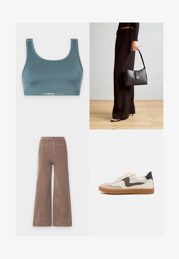 Sportbh in donker teal, gemaakt van zacht, rekbaar materiaal. Heeft een ronde halslijn en een elastische band met "7 DAYS ACTIVE" in lichte kleur erop gedrukt.; Bruine corduroy broek met wijde pijpen en hoge taille, met knoopsluiting, twee achterzakken en verticale ribbeltextuur.; Sneakers met een crème leren bovenwerk, donkere bruin suède accenten, beige veters en een gumrubberen zool; klassiek laagprofiel ontwerp.; Zwarte handtas met gestructureerde vorm, gladde textuur en een metalen sluiting. Gecombineerd met brede zwarte broeken en sandalen met open teen op een houten vloer.