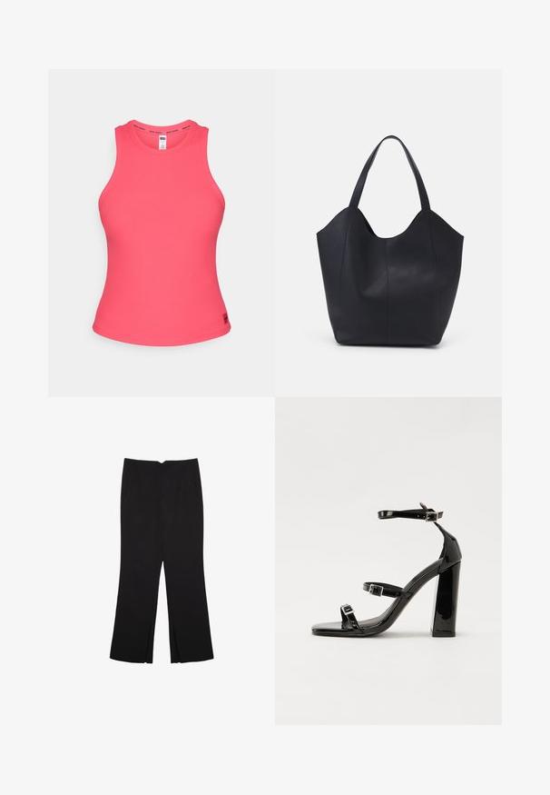 Roza rebrasta majica s visokim izrezom i širokimi armholes. Ima logotipno trak na ovratniku in oprijet silhueto. Mehka material.; Črne hlače ravnega kroja z naglavnimi žepi in stranskimi razporki na robu. Narejene iz mehke, gladke tkanine. Primerne za različne priložnosti.; Črne lakirane sandale s peto, kvadratnim prstom, trakovi okrog gležnja in srebrnimi zaponkami. Opremljene so s stabilno Debelo peto.; Črna torba v obliki tote iz gladke usnjene površine, ki ima ukrivljen odprt vrh z dvema naramnicama in minimalističnim dizajnom.