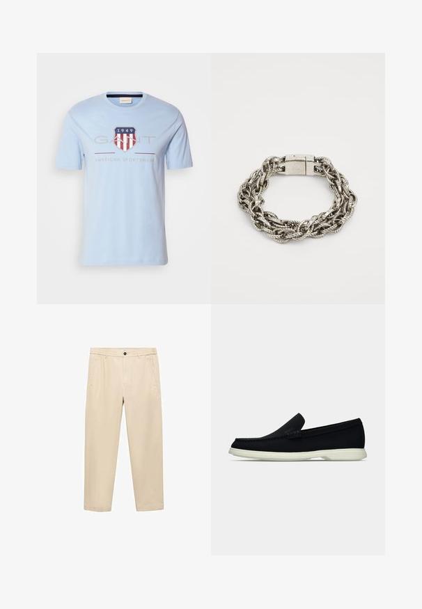 Svetlomodré bavlnené tričko s logom štítu, červenými a bielymi pruhmi, nápisom "1949" a textom "GANT AMERICAN SPORTSWEAR." Krátke rukávy.; Béžové, voľné nohavice z mäkkej tkaniny; majú elastický pás, predné vrecká a rovný strih nohavic.; Čierne nazúvacie topánky s okrúhlou špičkou, s textúrovaným zvrškom, hladkou bielou podrážkou a jemným brandingom po boku.; Strieborný kovový náramok, s opleteným dizajnom a textúrovanými prameňmi, so sponou na uzavretie. Hladký povrch s reflexnými plochami.