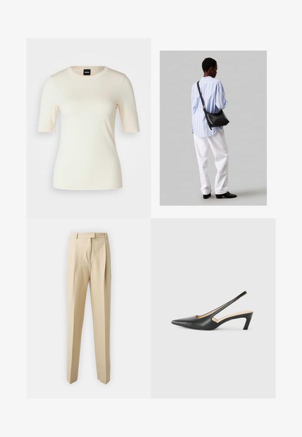 BOSS EFITA - Jednoduché tričko - open yellow; Béžové ušité kalhoty s rovnými nohavicemi, které mají sklady, pas a hladkou texturu. Žádné viditelné kapsy ani ozdobné prvky.; Černý špičatý slingback s nízkým podpatkem, vyrobený z hladké kůže, s výřezem na boku pro lepší prodyšnost.; Černá kožená kabelka přes rameno s jemnou texturou, trojúhelníkovým tvarem a nastavitelným popruhem, v kombinaci se světle modrou pruhovanou košilí a bílými kalhotami.