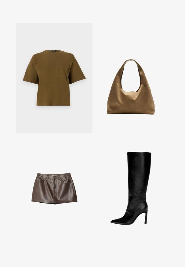Oliwkowa bawełniana koszulka z okrągłym dekoltem, krótkimi rękawami i kieszonką na piersi. Prosty krój i luźny fason. Gładka tekstura.; Brąskowa skórzana mini spódnica z gładką fakturą, szlufkami na pasek, przednimi kieszeniami i zapięciem na guzik w talii.; Czarna skórzana kozaczka za kolano z ostrym noskiem, wysokim obcasem typu stiletto, gładkim wykończeniem i prostym, eleganckim designem bez ozdób.; Brązowa torba na ramię z szerokim, zaokrąglonym kształtem i dużym wyciętym uchwytem. Miękka tekstura, minimalistyczny design i brak widocznych elementów metalowych.