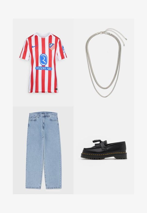 Červeno-biely pruhovaný futbalový dres vyrobený z priedušného materiálu. Na prednej strane sa nachádza logo Nike, znak tímu a modré logo sponzora.; Svetlomodré denimové džínsy s rovnými nohavicami, s polovysokým pásom, piatimi vreckami a zapínaním na gombík a zips.; Čierne kožené loafre s detailom na strapcoch, s masívnou čiernou podrážkou a žltým prešitím pozdĺž okraja. S textúrovaným povrchom.; Trojvrstvový náhrdelník zo strieborného kovu s elegantnými, flexibilnými reťazami s jemným leskom, zabezpečený sponou typu langusta a nastaviteľným reťazcom.