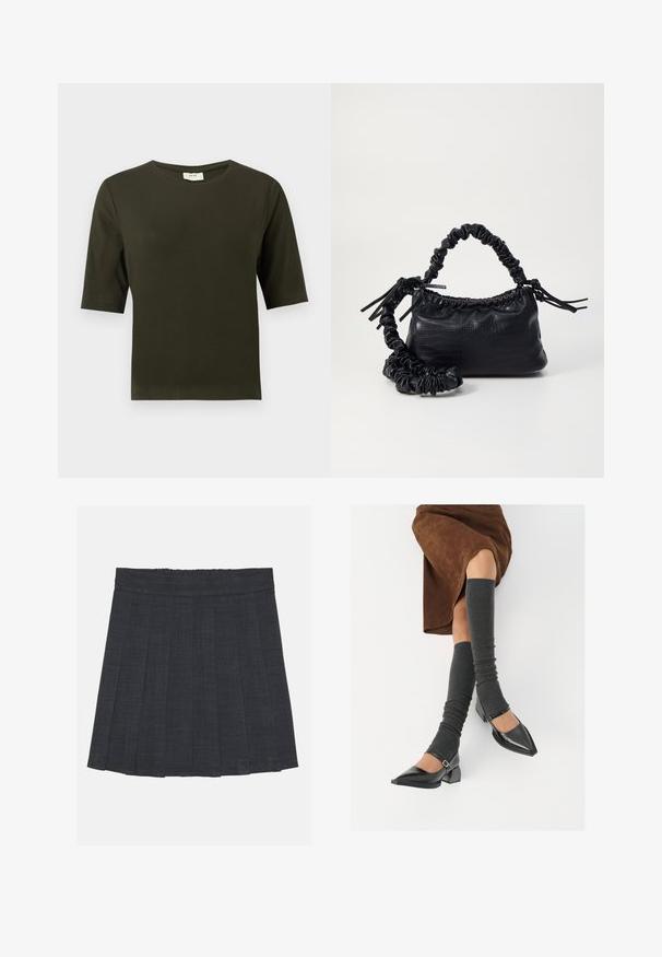 Tamsiai žalia trumpomis rankovėmis marškinėliai su apvaliu kaklu, pagaminti iš švelnaus audinio, turintys paprastą ir tiesų siluetą.; Tamsiai pilka klostuota sijonas su elastinga juosta, pasižymintis tekstūruotu audiniu ir klasikinė A formos siluetu. Tinka kasdieniam dėvėjimui.; Juodi lakuoti odiniai batai su aštriu kuma ir bloko kulnu, derinami su pilkais riebiais kojų šildytuvais ir rudais zomšiniais sijonais.; Juodas dirbtinės odos rankinė su krokodilo tekstūra, sušnibždinta viršuje ir susikraipytu dirželiu. Atrodo minkšta ir kompaktiška.