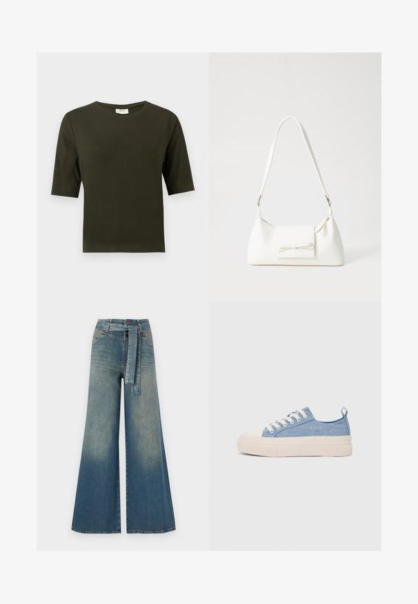 Temno zelena kratka majica s kratkimi rokavi in okroglo ovratnikom, izdelana iz mehkega blaga, s preprostim in ravnim krojem.; Široke jeans hlače z gradientom od svetlo do temno modre, visokim pasom, zankami za pas in pasom iz istega materiala. Tekstura denim končnica.; Svetlo modri platneni športni copati z kremnim gumijastim zaščitnikom na prstih in podplatom, z belimi vezalkami in zanko na peti.; Bela sintetična torbica v obliki trikotnika, z ravnim sprednjim poklopcem in detajlom mašne, nastavljivim trakom, gladko teksturo in minimalističnim dizajnom.