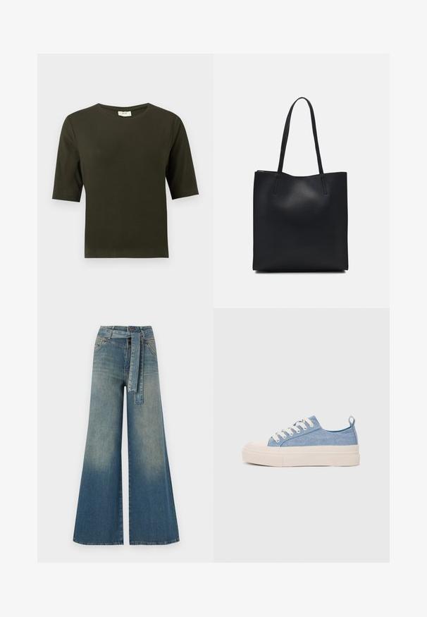 Sötétzöld, rövid ujjú póló kerek nyakkivágással, puha anyagból készült, egyszerű és egyenes vonalú dizájnnal.; Bőszárú farmernadrág, világos és sötétkék árnyalatokkal, magas derekú, övgyűrűkkel és a nadrággal megegyező anyagú övvel. Textúrált farmer kivitel.; Világoskék vászon sportcipők, krémszínű gumitippel és talppal, fehér fűzőkkel és egy húzófüllel a sarkán.; Fekete bőrtáska sima felszínnel, téglalap alakú, két hosszú füllel. Nincs látható fémkiegészítő vagy díszítés.