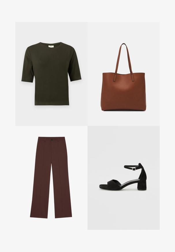 Mørk grønn t-skjorte med kort erm og rund hals, laget av myk stoff, med et enkelt og rettsnitt design.; Bredde benbukser i en rik brun stoff. Har knappelukking, to frontlommer, glatt tekstur og rene linjer.; Sorte semskede hælede sandaler med en tynd ankelrem, åbent tådesign og en beskeden blokhæl. Glat tekstur og minimale accenter.; Brun lær tote veske med en jevn tekstur, åpen toppdesign og to skulderstropper. Har minimal søm og ingen synlige spiker.