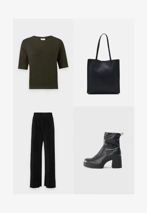 Tmavě zelené tričko s krátkým rukávem a kulatým výstřihem, vyrobené z jemné látky, s jednoduchým a rovně střiženým designem.; Černé plisované kalhoty s elastickým pasem. Mají široké nohavice a hladkou, strukturovanou tkaninu s vertikálními pruhy.; Černé kotníkové boty vyrobené z hladké kůže, s bočním zipem, robustním strukturovaným podpatkem a kulatou špičkou.; Černá kožená taška přes rameno s hladkým povrchem, obdélníkovým tvarem a dvěma dlouhými uchy. Žádné viditelné kování ani ozdoby.