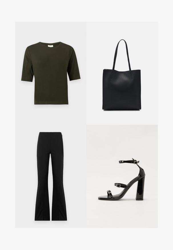 T-shirt de manga curta verde escuro com decote redondo, feito de tecido suave, apresentando um design simples e de corte reto.; Calças pretas largas feitas de tecido elástico, com uma textura suave, ajuste feito à medida e um design de bainha dividida.; Sandálias de tacão preto laqueadas com bico quadrado, tiras para o tornozelo e fivelas prateadas. Apresentam um salto bloco chunky para estabilidade.; Bolsa tote preta em couro com textura lisa, forma retangular e duas alças longas. Sem hardware ou enfeites visíveis.