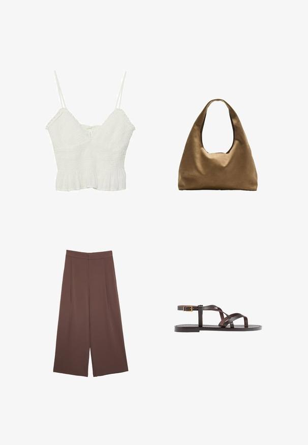 Weißes Cropped-Top mit dünnen verstellbaren Trägern, strukturiertem Stoff, V-Ausschnitt und fransigem Saum. Einfaches Design mit einem leichten Erscheinungsbild.; Braune Weite-Leg-Hosen mit einer glatten Textur, hoher Taille und Vorderfalten. Der Stoff ist leicht und fällt locker.; Braune Leder-Sandale mit überkreuzten Riemen, einem Knöchelriemen mit Schnalle und einer flachen Sohle mit minimalen Nähdetails.; Braune Stoffschultertasche mit einem breiten, runden Körper und einem großen Ausschnittgriff. Sanfte Textur, minimalistisches Design und keine sichtbaren Beschläge.; Armbanduhr in Goldtönen mit ineinander verschlungenen Metallbändern, die eine glatte, polierte Oberfläche und ein offenes Design aufweisen. Leicht und minimalistisch.