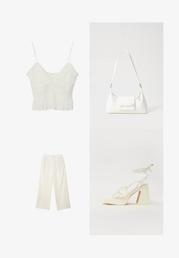 Weißes Cropped-Top mit dünnen verstellbaren Trägern, strukturiertem Stoff, V-Ausschnitt und fransigem Saum. Einfaches Design mit einem leichten Erscheinungsbild.; Helle Stoffhose mit weitem Bein und glatter Textur, ausgestattet mit einem einzelnen Knopf vorne, dezenten Falten und einem Hochbund-Design.; Weiße High-Heel-Sandale mit einem klobigen Absatz, die über ein Riemchendesign und ein Knöchelband verfügt. Glatte Textur mit einer Plattform vorne für zusätzliche Höhe.; Weiße synthetische Handtasche in dreieckiger Form, flache Vorderklappe und Schleifendetail, verstellbarer Trageriemen, glatte Textur und minimalistisches Design.