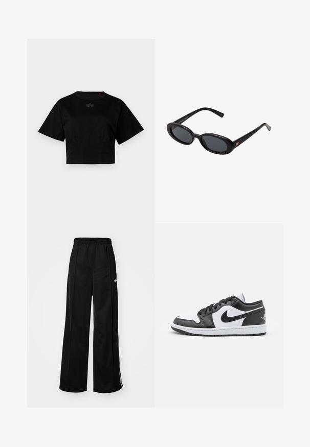 Čierne skrátené tričko vyrobené z bavlny. Má krátke rukávy a okrúhly výstrih. Obsahuje jemný detail loga na hrudi.; Čierne široké teplákové nohavice s elastickým pásom, s bielymi bočnými pruhmi a malým logom na ľavom boku. Hladký textil.; Čierno-biele nízke tenisky Nike majú hladký kožený zvršok, okrúlu špičku, šnurovacie zapínanie a vzorovanú gumovú podrážku.; Čierne oversized slnečné okuliare s oválnymi šošovkami, hladkým plastovým rámom a zlatými akcentmi na straniciach. Tmavé šošovky poskytujú ochranu pred slnkom.